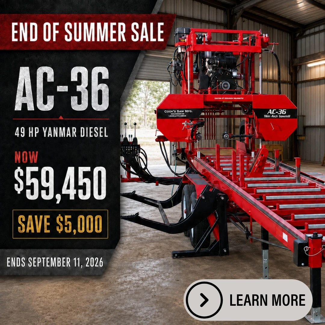 Save $5K on Cooks AC-36 Hydraulic Portable Sawmill, Sale Ends September 11, 2026