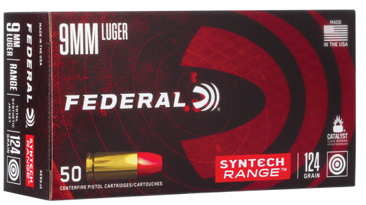 Federal Syntech Range 9MM  124 Grain Syntech Jacket Flat Nose  -  Pistol Ammo  -  50RD Box - AE9SJ2