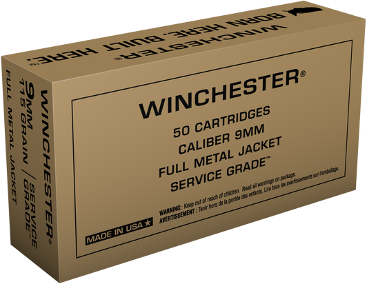 Winchester USA  SERVICE GRADE 9MM  115 Grain - FMJ  -  - Pistol Ammo  -  50RD Box - SG9W
