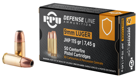 PPU Defense 9MM  115 Grain - JHP - Brass Cased - Pistol Ammo  -  50RD Box - PPD91