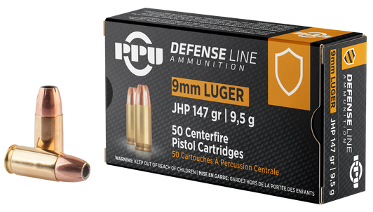 PPU Defense 9MM  147 Grain - JHP - Brass Cased - Pistol Ammo  -  50RD Box - PPD92