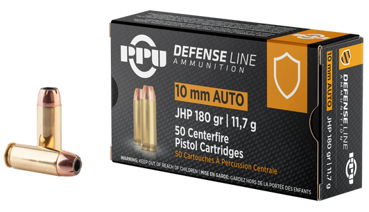 PPU Defense 10mm Auto 180 Grain - JHP - Brass Cased - Pistol Ammo  -  50RD Box - PPD10