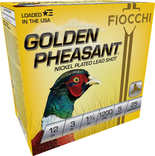 Fiocchi Golden Pheasant Nickel Plated 12 Gauge 1 3/4oz 3in Shotgun Ammo - 5 Shot - 25RD Box - 123GP5