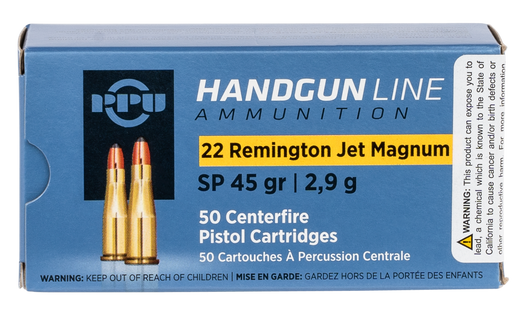 PPU .22 Remington Jet 45 Grain Soft Point Brass Cased - Pistol Ammo  -  50RD Box - PPH22RJ