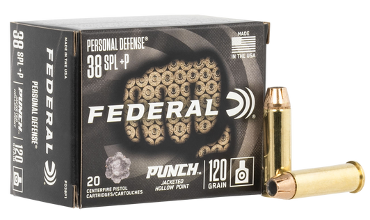 Federal Personal Defense Punch 38 Special +P 120 Grain - JHP - Brass Cased  -  Pistol Ammo  -  20RD Box - PD38P1