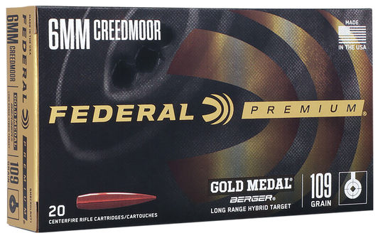 Federal Gold Medal 6mm Creedmoor 109 Grain Long Range Hybrid Target Brass Cased - Rifle Ammo - 20RD Box - GM6CRDLRHT1