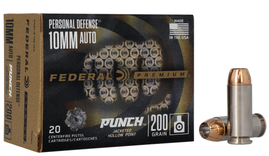 Federal Personal Defense Punch 10mm Auto 200 Grain - JHP - Nickel Plated Brass Cased  -  Pistol Ammo  -  20RD Box - PD10P1