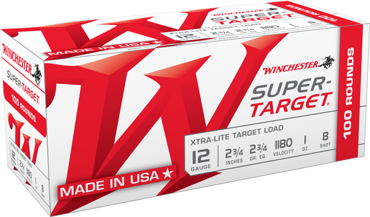 Winchester Super Target Xtra-Lite Target Load 12 Gauge 2.75in 1oz 8 Shot - Shotgun Ammo - 100 Rounds - TRGTL128VP