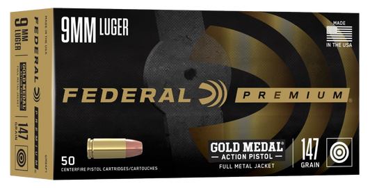 Federal 9MM  147 Grain FMJ Gold Medal Action Brass  -  Pistol Ammo  -  50RD Box - GM9AP1