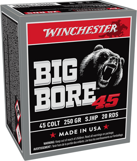 Winchester BIG BORE 45 Colt 250 Grain Jacketed Soft Point Brass - Pistol Ammo  -  20RD Box - X45CBB