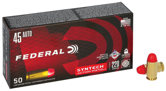 Federal Syntech Action Pistol 45 Auto 220 Grain Syntech Jacket Flat Nose  -  Pistol Ammo  -  50RD Box - AE45SJAP1