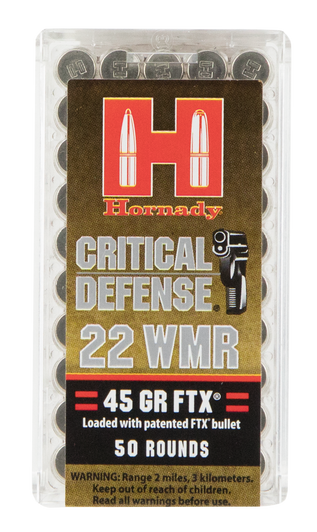 Hornady Critical Defense .22 Winchester Magnum Rimfire 45 Grain Flex Tip EXpanding Brass Cased - Rimfire Ammo - 50RD Box - 83200