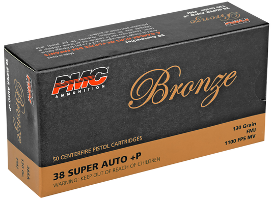 PMC  .38 Super 130 Grain - FMJ - Brass Cased - Pistol Ammo  -  50RD Box - 38SA