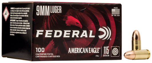 Federal American Eagle 9MM  115 Grain - FMJ - Brass  -  Pistol Ammo  -  100 Rounds - AE9DP100