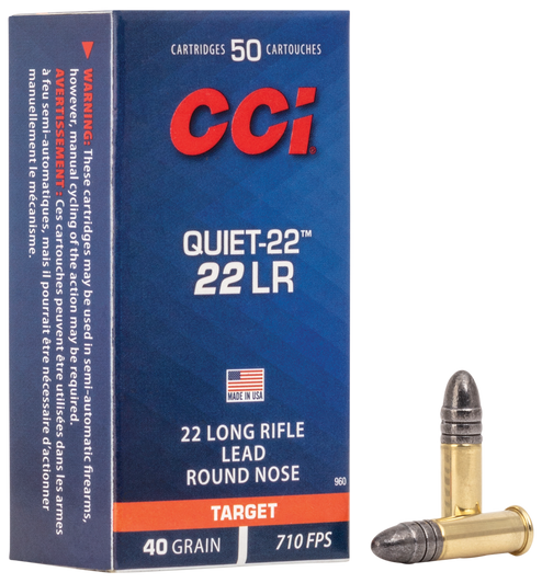 CCI  -  Quiet-22 .22 Long Rifle 40 Grain LRN - Rimfire Ammo - 50RD Box - 960