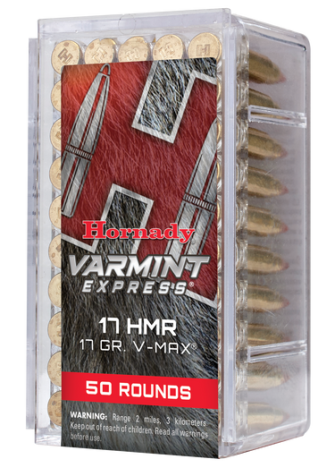 Hornady Varmint Express Rimfire .17 Hornady Magnum Rimfire 17 Grain V-MAX Brass Cased - Rimfire Ammo - 50RD Box