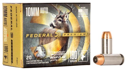 Federal Trophy Bonded Bear Claw 10mm Auto 180 Grain Nickel-Plated Cased Bonded Soft Point  -  Pistol Ammo  -  20RD Box - P10T1