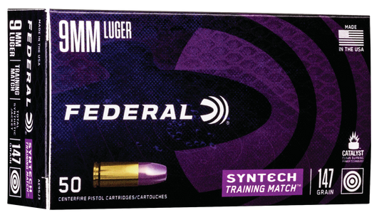 Federal Syntech Training Match 9MM  147 Grain Syntech Jacket Flat Nose  -  Pistol Ammo  -  50RD Box - AE9SJ3