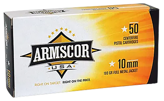 Armscor 10mm 180 Grain - FMJ - Brass Cased - Pistol Ammo  -  50RD Box
