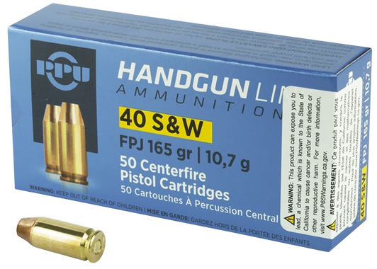 PPU .40 S&W 165 Grain Flat Point Jacketed Brass Cased - Pistol Ammo  -  50RD Box - PPH40F