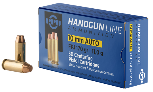 PPU 10mm Auto 170 Grain Flat Point Jacketed Brass Cased - Pistol Ammo  -  50RD Box - PPH10F