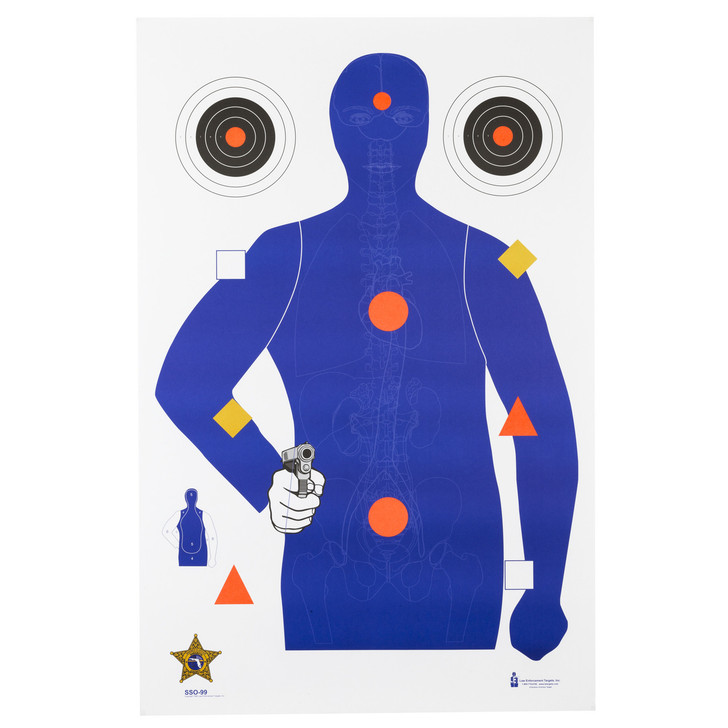 Action Target SSO-99  Sheriff's Office Sarasota Co. (FL) Modifies B21E Target With Vital Anatomy  Blue/Red/Gold/Black  23"x35"  100 Per Box SSO-99-100
