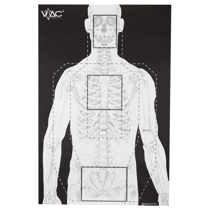 Action Target VTAC-P  Viking Tactics Double Sided Advanced Training Target  Marksmanship Side Has 4 SR-1C Bulls-Eye Target w/1" Square Sighting Grid  Silhouette Side w/Visible Skeleton  Black/White  23"x35"  100 Per Box VTAC-P-100