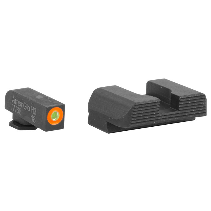 AmeriGlo Hackathorn  Sight  For Glock 43 and 43  Front/Rear  Green Tritium Orange Outline Front  Black Serrated Rear GL-436