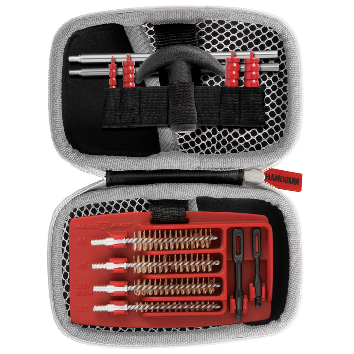 Real Avid Gun Boss  Cleaning Kit  For.22  .357  .38  9mm  .40  .45 Caliber Firearms  T-Handle  Brushes  Jags  Slotted Tips  Patches  Compact  Weather Resistant Zippered Travel Case with Ballistic Nylon Shell AVGCK310-P
