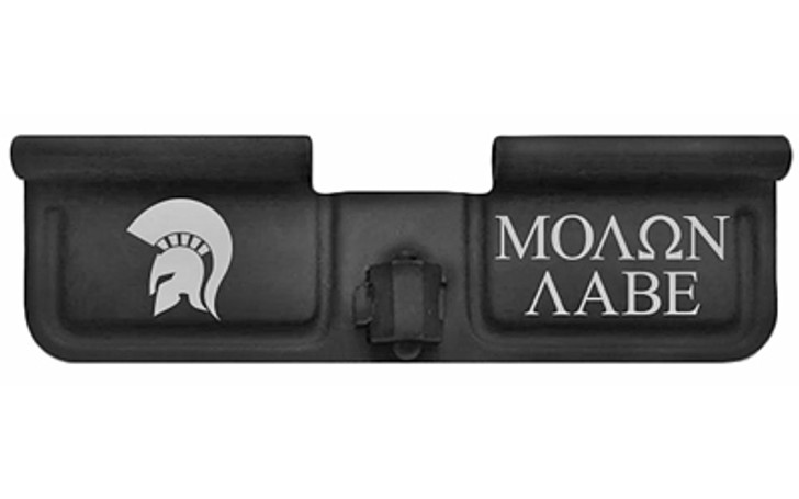 Bastion Molon Labe Helmet  AR-15 Ejection Port Dust Cover  Black/White Finish  Molon Labe Helmet Laser Engraved On Open Side Only  Fits Standard 223/556/6.5/6.8 BASEPDC-BW-MOLTXT