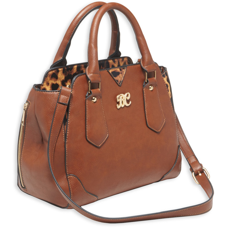 Bulldog Cases Satchel Style Purse  Leather  Universal Fit Holster Included  Chestnut w/Leopard Trim BDP-024
