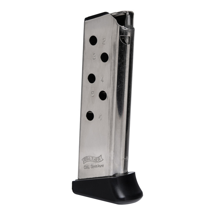 Walther Magazine  380ACP  6Rd  Fits PPK  Nickel  Finger Rest 2246010