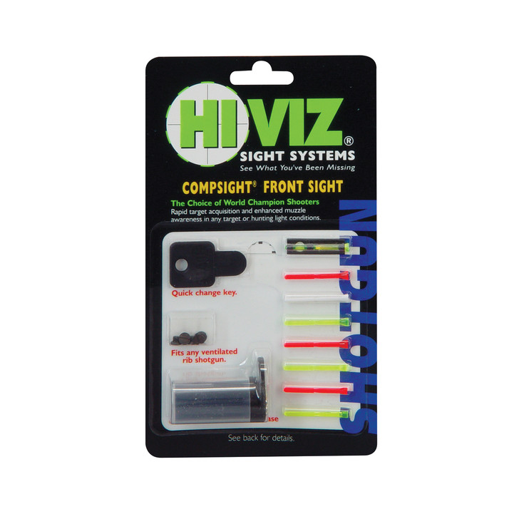 Hi-Viz CompSight  Interchangeable Shotgun Sight. Screw-Attach design replaces the front bead on a shotgun. Fits most vent-ribbed shotguns with removable front bead. Includes four Green  three Red  and one White replaceable LitePipes in four diameters