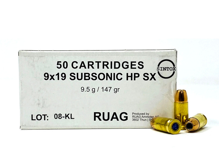 RUAG 9MM 147GR -  Subsonic Jacketed Hollow Point SX - Brass - 50rd Box