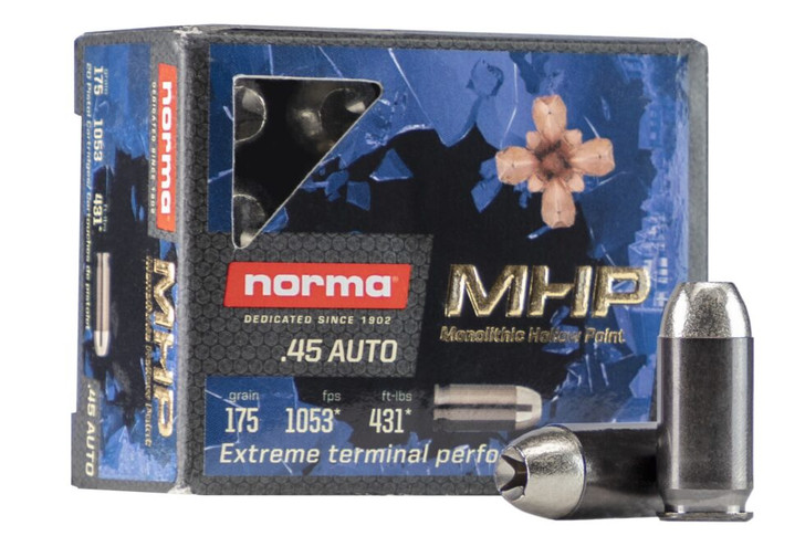 Norma  .45 ACP - 175GR Monolithic Hollow Point - MHP Self Defense - Brass Case - 20rd Box