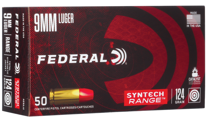 Federal Syntech Range 9MM  124 Grain Syntech Jacket Flat Nose  -  Pistol Ammo  -  50RD Box - AE9SJ2