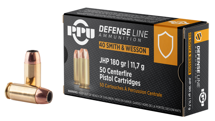 PPU Defense .40 S&W 180 Grain - JHP - Brass Cased - Pistol Ammo  -  50RD Box - PPD40