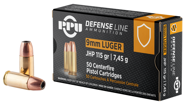 PPU Defense 9MM  115 Grain - JHP - Brass Cased - Pistol Ammo  -  50RD Box - PPD91