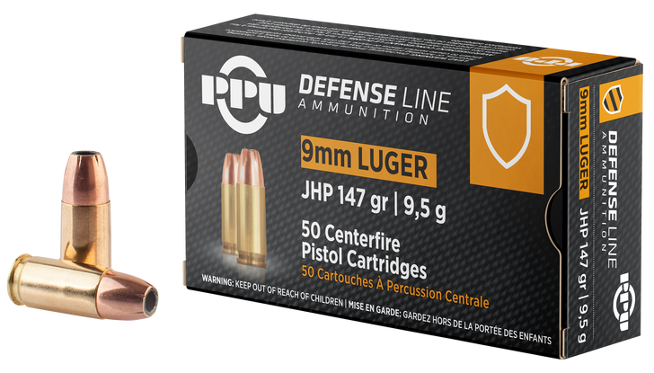 PPU Defense 9MM  147 Grain - JHP - Brass Cased - Pistol Ammo  -  50RD Box - PPD92