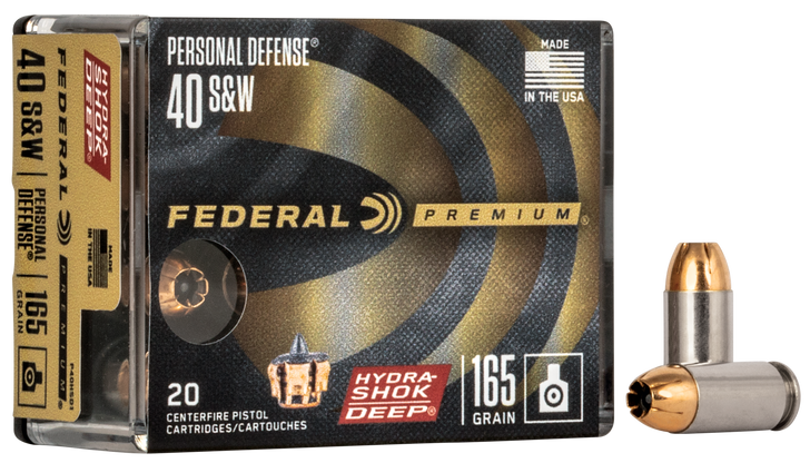 Federal Personal Defense .40 S&W 165 Grain Hydra-Shok Deep - JHP - Nickel-Plated Brass  -  Pistol Ammo  -  20RD Box - P40HSD