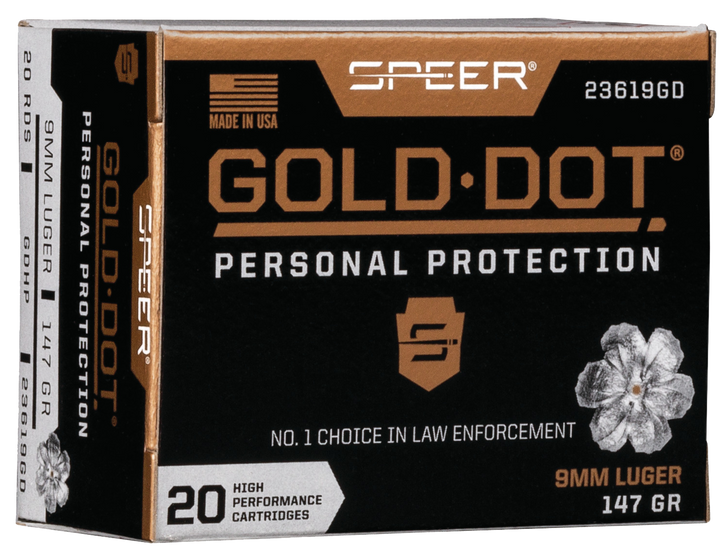 Speer Gold Dot 9MM  147 Grain Hollow Point  -  Pistol Ammo  -  20RD Box - 23619GD
