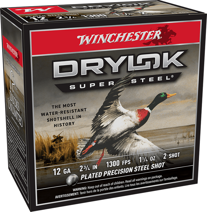Winchester DryLok Super Steel 12 Gauge 2-3/4in #2 1-1/4oz Waterfowl Shotshells - 25RD Box - #2