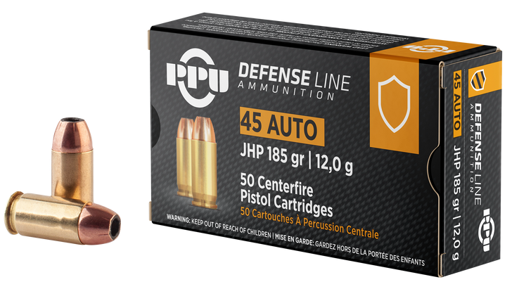 PPU Defense .45 ACP 185 Grain - JHP - Brass Cased - Pistol Ammo  -  50RD Box - PPD45