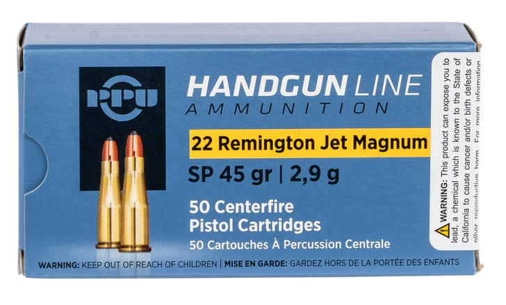 PPU .22 Remington Jet 45 Grain Soft Point Brass Cased - Pistol Ammo  -  50RD Box - PPH22RJ