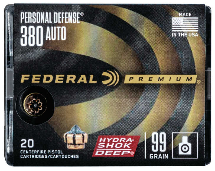Federal .380 ACP 99 Grain Hydra-Shok Deep - JHP - Brass  -  Pistol Ammo  -  20RD Box - P380HSD1
