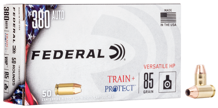 Federal Train & Protect 380 Auto 85 Grain Versatile Hollow Point Brass Cased  -  Pistol Ammo  -  50RD Box - TP380VHP1