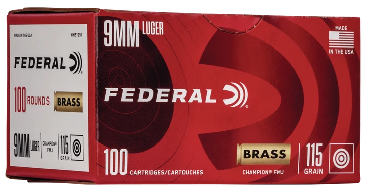 Federal - 9MM  - 115 Grain  -  FMJ  -  Brass -  - Pistol Ammo  -  100 Rounds - WM51991