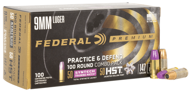 Federal Practice & Defend 9MM  147 Grain HST JHP/Syntech TSJ  -  Pistol Ammo  -  100 Rounds - P9HST2TM100