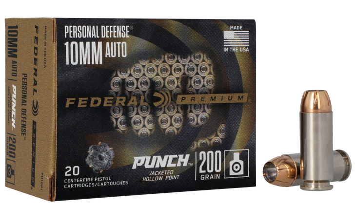Federal Personal Defense Punch 10mm Auto 200 Grain - JHP - Nickel Plated Brass Cased  -  Pistol Ammo  -  20RD Box - PD10P1