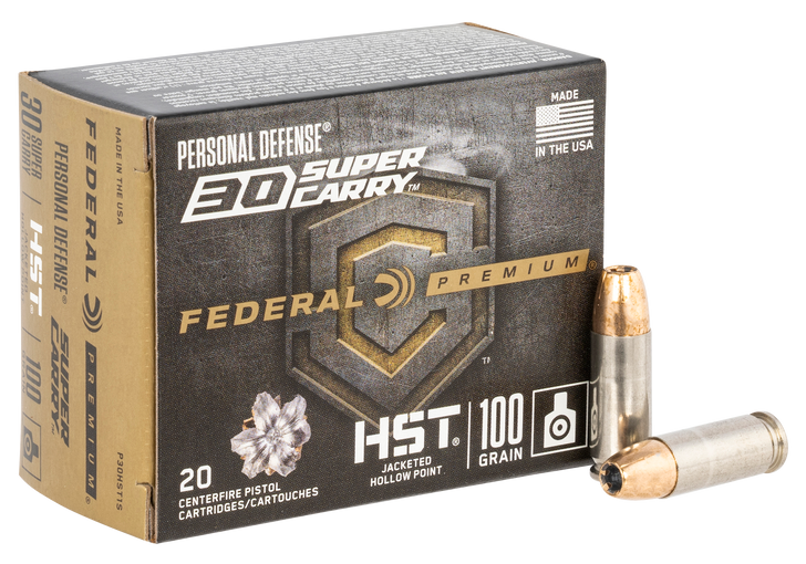 Federal 30 Super Carry 100 Grain JHP Nickle Plated Brass  -  Pistol Ammo  -  20RD Box - P30HST1S